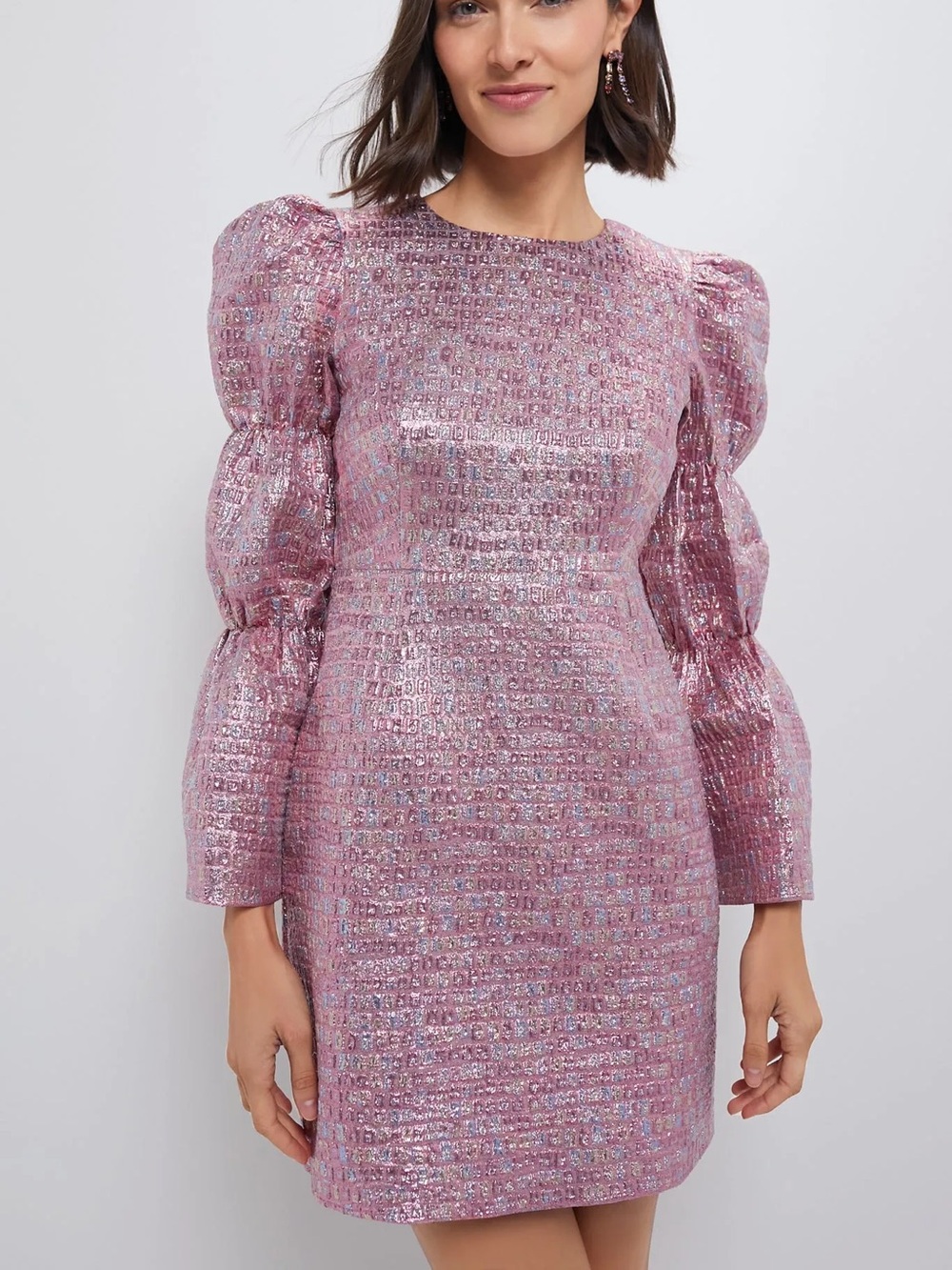 Tuckernuck Pink Metallic Tweed Puff-Sleeve Mini Dress